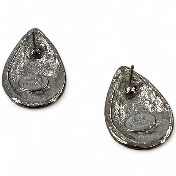 Vintage Enamel Cream Gray Tan Pierced Earrings, Gold Tone Rope edge Made in USA - Picture 2 of 4